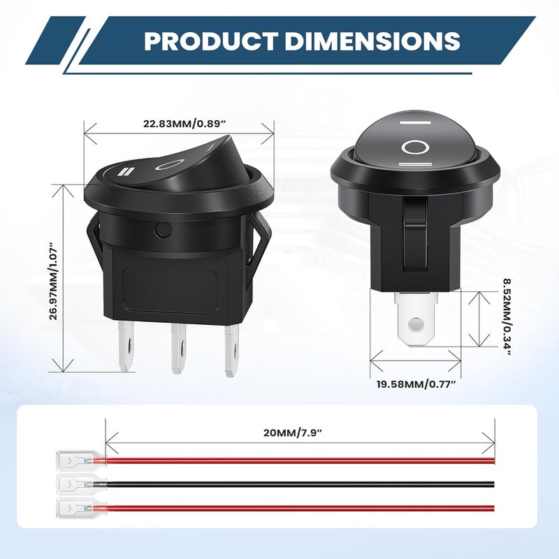 DMTVAL 10Pcs 12V Round Rocker Switch Kit, 3 Pin 3 Position SPST ON/Off Toggle with Pre-Wired Leads, Rated 6A/250V 10A/125V, for Car, Boat, Marine, RV - Image 2
